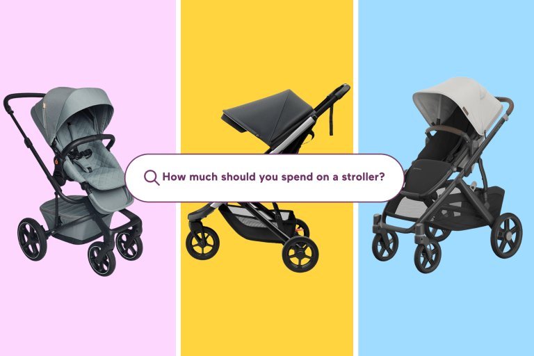 A double stroller parked on a sidewalk in a quiet neighborhood.